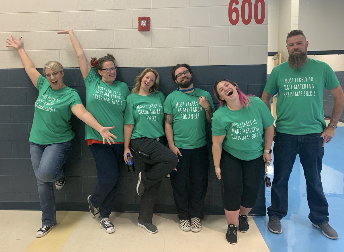 Breakfast Club pic in our matching Christmas shirts. Mine is Most likely to sing random Christmas Carols. 😂😂😂#gooniesneversaydie