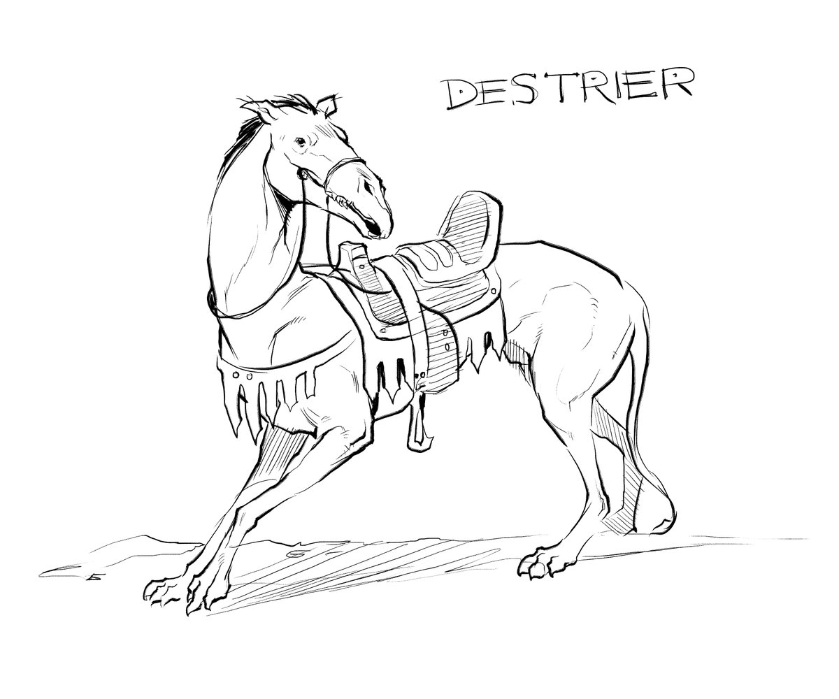 Plugging away at commissions (thanks for your continued patience everyone! Still dealing with getting a new car, etc)

In the meantime, an old sketch of a Destrier. 