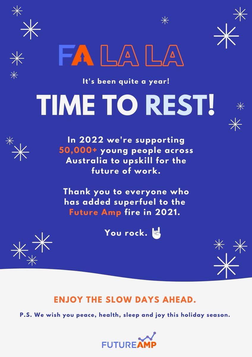 Well that's a wrap! A huge and heartfelt thank you to our incredible #FutureAmp team, advisors, industry partners, education community and customers.

We're thrilled to welcome 50,000+ young people to our learning platform in 2022!▶️🌐

Til then, stay healthy, and happy holidays!