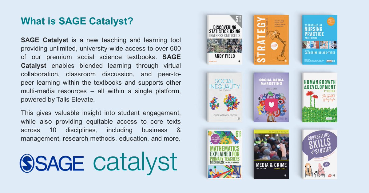 sagepub_japan's tweet photo. SAGE Catalyst は、SAGEの社会科学領域のテキスト600冊以上を擁する、新しいオンラインリソースです。コメント、参考資料の追加、コース管理システムへの統合など多彩な機能を備え、ブレンド型学習を支援します。
https://t.co/e4pggJefPl #SAGECatalyst
💡詳細は弊社までお問い合わせください https://t.co/mu2bOV5vcB