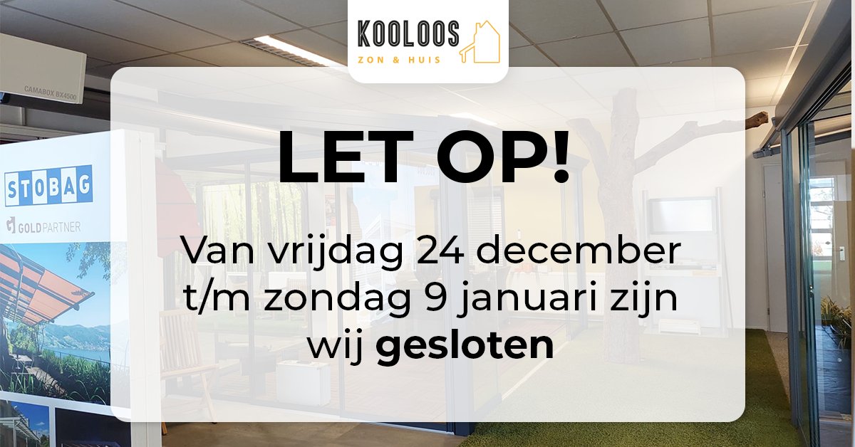 In verband met de feestdagen zijn wij vanaf vrijdag 24 december tot en met zondag 9 januari gesloten. Maandag 10 januari staan wij weer voor uw klaar en ontvangen wij u graag in onze showroom! Maak nu alvast een afspraak met deze link! 🤩👉koolooszonenhuis.nl/showroomafspra…