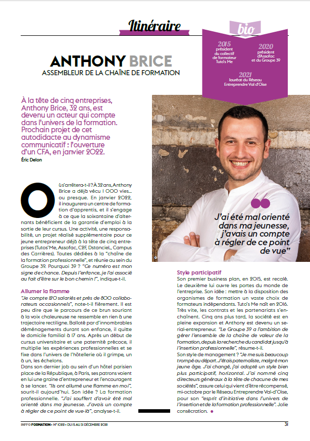 "Où s’arrêtera-t-il ? À 32 ans, Anthony Brice a déjà vécu 1 000 vies… ou presque." Aujourd'hui Inffo Formation, la publication papier de <a href="/centreinffo/">Centre Inffo</a> met à l'honneur le président de notre Groupe, <a href="/BriceAnthony10/">Brice Anthony</a>. Merci à Eric Delon pour la belle plume 🤜🤛
#entreprendre #formpro