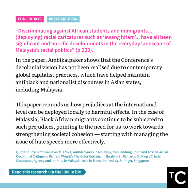 CentreMY_'s tweet photo. For this week’s #TCFunFriday #ReasearchFan, our researcher, @jiavern_ recommends this piece by Mohan Ambikaipaker, which draws from African American writer Richard Wright’s exposition of the Bandung Conference to shed some light on the root of antiblackness in Malaysia.