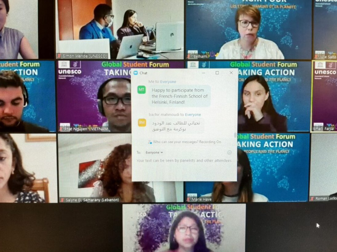 L’élève d’#HRSK_LFF Vini Venetvaara a participé en tant que représentante de la Finlande au webinaire de trois jours « Forum mondial des étudiants – Agir pour les gens et la planète ». #UNESCOASPnet