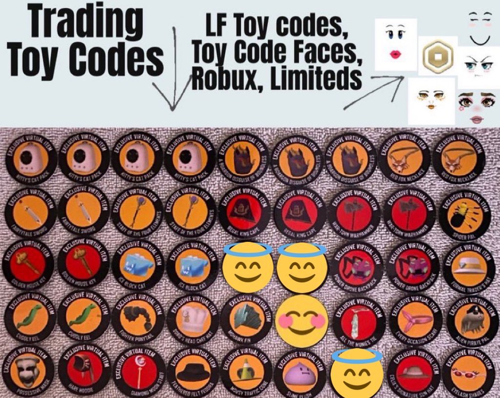 Possibly trading these toy face codes and Roblox toy codes for rh items and  gems or mm2 weapons or robux