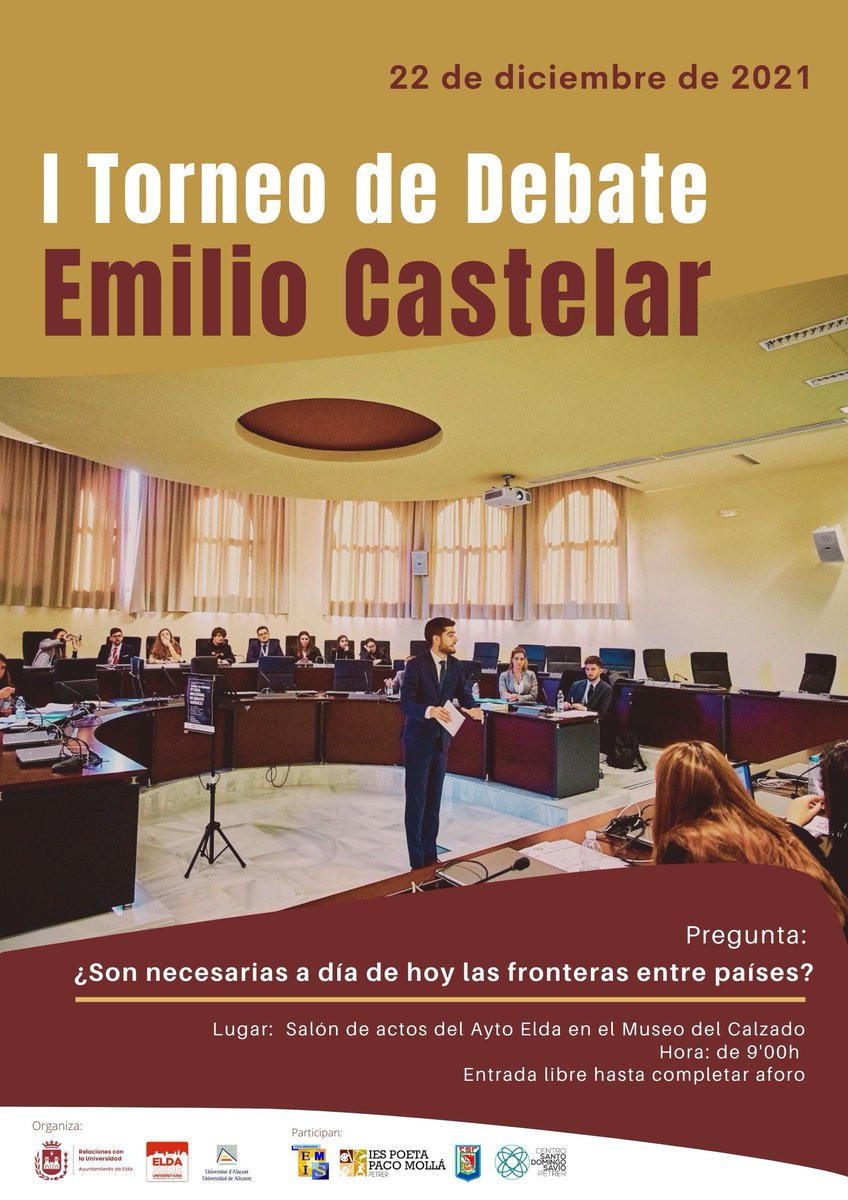 ¿Sabes en qué consiste una competición de debate? Si te apetece conocer un poco más, la <a href="/SedeEldaUA/">SedeEldaUA</a>  propone el I Torneo de Debate "Emilio Castelar" entre centros de Elda y Petrer. Será el día 22 a partir de las 9'00 en el <a href="/MuseoCalzadoESP/">Museo del Calzado</a>. Entrada es libre hasta completar aforo.