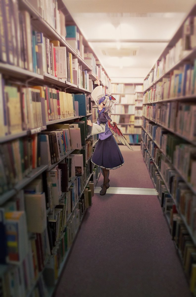tokiko (touhou) 1girl head wings solo library wings book bookshelf  illustration images