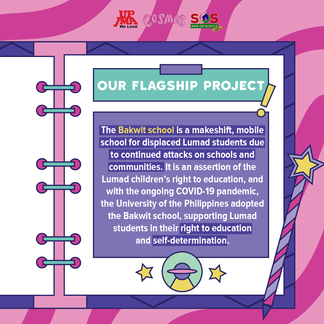Together with <a href="/savelumadschool/">Save Our Schools Network</a>, we amplify calls for #MapagpalayangEdukasyon.

As schools start to reopen while Lumad students' right to education continue to be undermined, this is our #MissionCosmos this year.

Know more about our advocacies at upjma.com/cosmos.