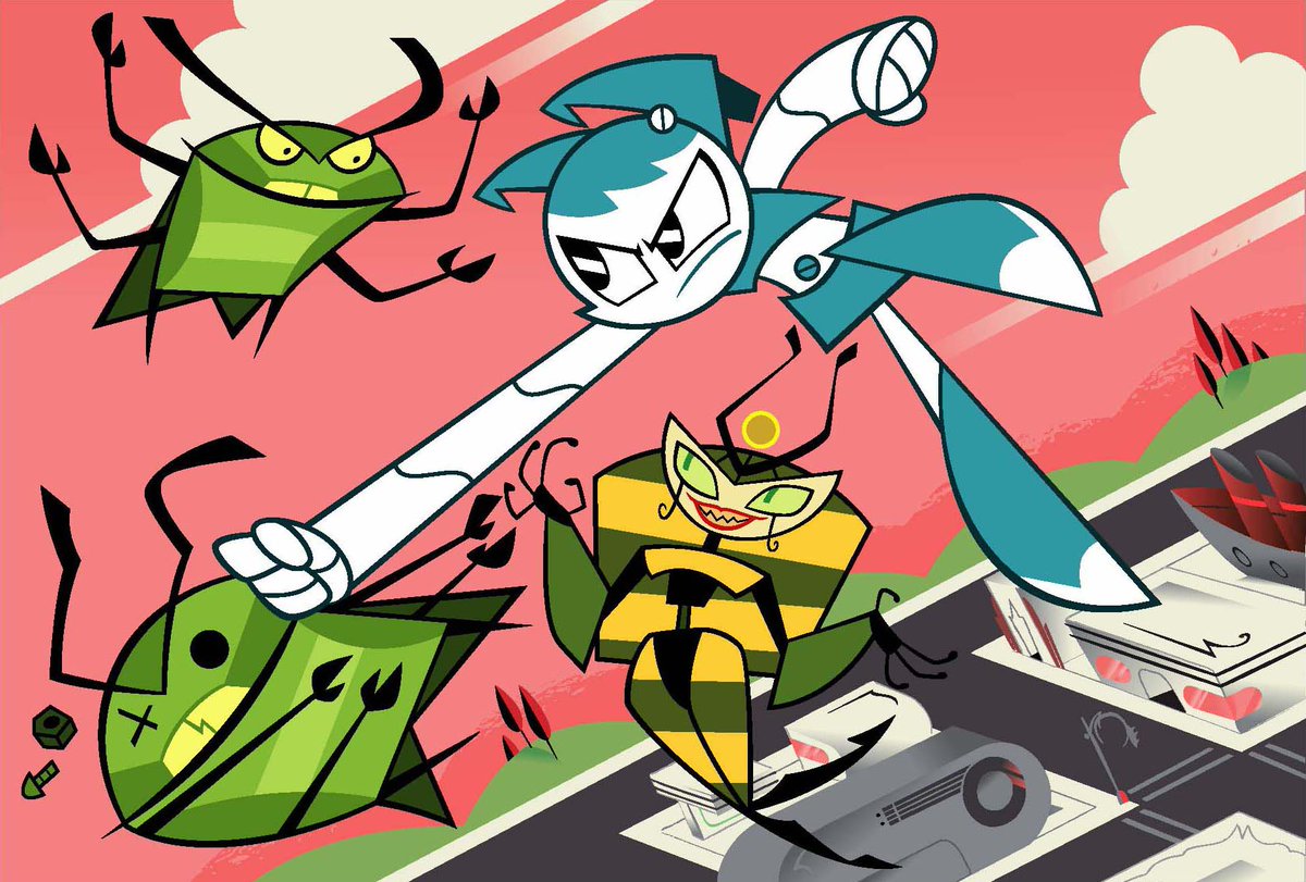 Approved press art of Jenny fighting off Vexus and some Cluster Drones. Originally posted 20/09/2008 on the Frederator Studios DeviantArt

The post does not state who made the artwork but credits both Alex Kirwan & Rob Renzetti https://t.co/U99nqh1in6