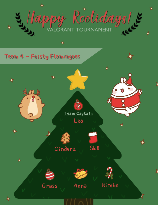 Our final team, Team 4: Feisty Flamingoes! 🦩 Team Captain Leo, Cinderz @ItsCinderz, Anna @iamannamei, Sk8, Grass, Sub: Kimbo. I ain't ever seen a feisty flamingo, but i guess Friday i will!

#happyroolidays #VALORANT