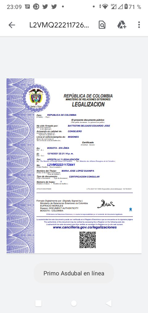 Jhonata36629866's tweet photo. Gracias a Dios y nuestros hermanos de la embajada que nos ayudaros lo más difícil fue ASER el pago pero una ves de hacerlo enseguida me dio el certificado y quiero saber si está apostillado o hay q ASER otro trámite https://t.co/yqUuqdY4z8