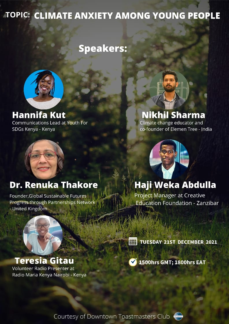 💭What Are The INTER-RELATIONSHIPS Between The Climate Crisis & Anxiety? 

💡Tune In! @hannipher Shall Be Part Of A Host Of Panelists Discussing The Above. 

@KeYouth4sdgs 
@kenya_climate 
@YaleCCHcert 

#ClimateChangeAndHealth 
#Voices4ClimateKe
#TalkActClimate