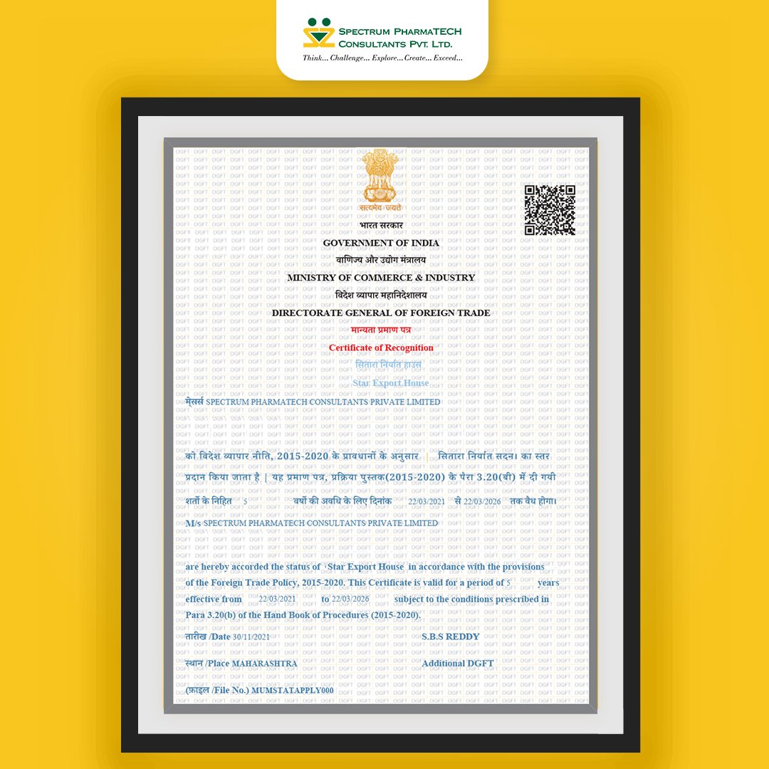 We are ecstatic to announce that 'We are now a Government Recognized Export House.'

To know more about us, visit : spectrumpharmatech.com

#AwardRecognition #SpectrumPharmatech #Spectrum #pharmatech #award #awards2021 #recognition