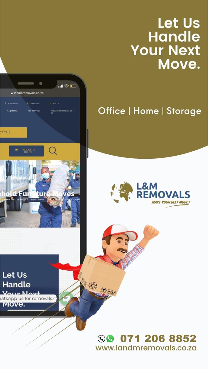 landmgroupza's tweet photo. Let us handle your next move.
Office | Home | Storage
We are available to relocate you nationally.
Contact Us:
Call/Whatsapp: 071 206 8852
Email: removals@landmremovals.co.za
Visit: https://t.co/4O0vnhGnbe
#MakeYourBestMove https://t.co/gqdTOzGA5m