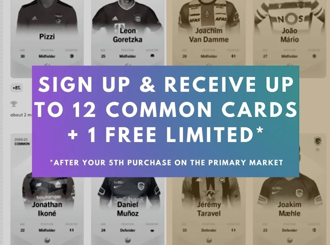 Limited offer: Sign up now to receive up to 12(!) Common Cards + 1 FREE Limited NFT Collectible Card that can be converted to ETH or $: 
sorare.com/r/borissia
