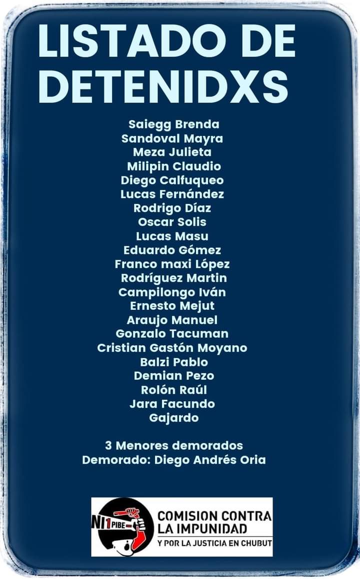 Exigimos su inmediata liberación sin cargos
#Actualizamos información 20 liberados en Rawson.
Liberado Diego Oria en Trelew
Se espera la libertad de Marcos Amado Trelew.