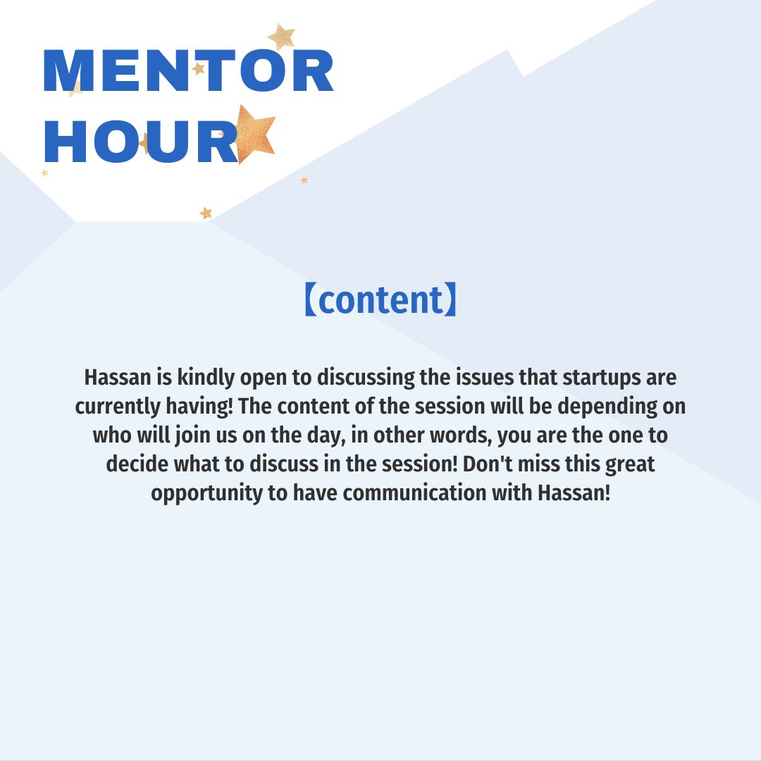 IDJ2021's tweet photo. 【Mentor Hour 12/21(Tue)9:00-10:00】
Hassan is kindly open to discussing issues that startups are currently having! You are the one to decide what to discuss in the session!
Book here: https://t.co/gc37HigMUN https://t.co/wtRJpg3aRW
