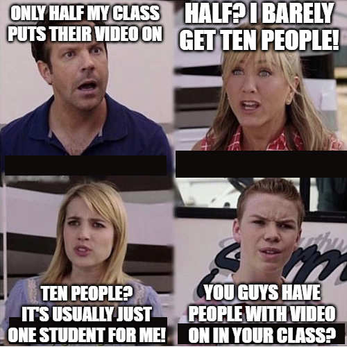inhouseconomist's tweet photo. Group of faculty discussing how not many students in their class put on their videos.
#AcadTwitter
Me: https://t.co/MMNeeskkmq