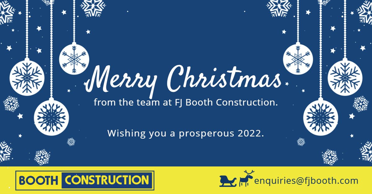 Thank you for your valued support throughout 2021.

Our offices close on 24th December and will reopen Tuesday 4th January 2022.

We wish you a prosperous 2022 and look forward to working with you throughout.

➡️ fjbooth.com
📧 enquiries@fjbooth.com