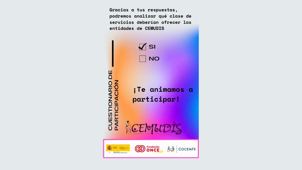 aemdi_mujer's tweet photo. "⏱¡Aún estás a tiempo!
Participa en nuestro cuestionario para que podamos conocer tus inquietudes y tus necesidades. En @CEMUDIS queremos trabajar para ti."
https://t.co/xBGsqtBlKk
"#CEMUDIS
#MujeresDerribandoBarreras #participa" https://t.co/CsWTG5PdYh