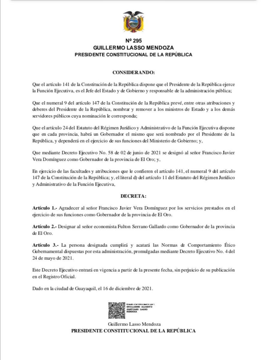 FultonSerranoG's tweet photo. Gracias señor Presidente @LassoGuillermo y Ministra @AlexandraVelaP por la confianza depositada en mi, trabajaré porque las políticas públicas del #GobiernoDelEncuentro lleguen a cada sector de mi rica y productiva provincia de #ElOro. https://t.co/6IvuRIZteT