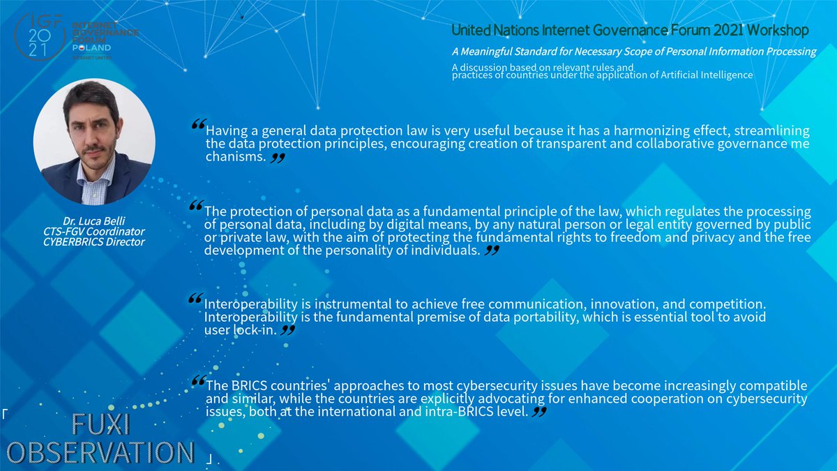 Dr.Luca Belli <a href="/1lucabelli/">Luca Belli</a> , <a href="/CTS_FGV/">CTS-FGV</a> Coordinator
and <a href="/BricsCyber/">CyberBRICS</a> Director,shared some of his thoughts on the IGF 2021  WS#51 A Meaningful Standard for Necessary Scope of PI Processing⬇️
<a href="/intgovforum/">IGF - Internet Governance Forum</a> <a href="/igf_2021/">IGF2021</a> #IGF2021  #InternetUnited