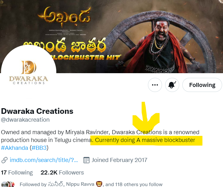 ntr009_dr's tweet photo. When #NBKFilms tasted a disaster with NTR Biopic no one came to take #Akhanda . Only Miryala Ravindra Reddy garu believed Boyapati. He Concentrated only on this movie. He Provided top class Production values and made product well. Confidence and dedication matters. https://t.co/Jx03HpyOxA