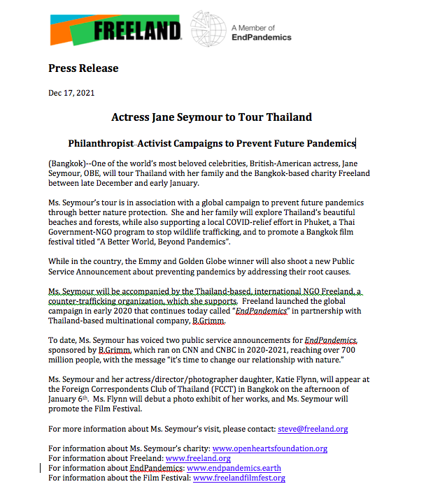GalsterMan's tweet photo. Looking forward to seeing one of our favorite celebrity activists, Jane Seymour, in Thailand. She has been supporting our partnership campaign @EndPandemics and will promote our film fest and make a new PSA. https://t.co/AAlxaMEj9Z