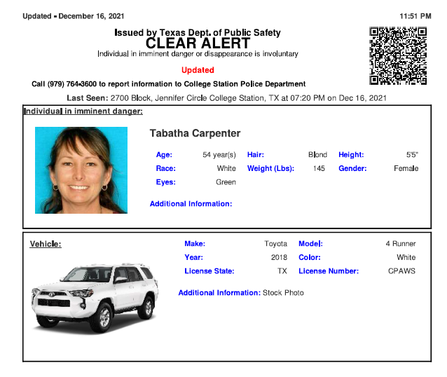 TX_Alerts's tweet photo. ACTIVE MISSING ADULT ALERT for Tabatha Lynn Carter from College Station, TX, on 12/16/2021, TX plate CPAWS https://t.co/g2p8CKvA19