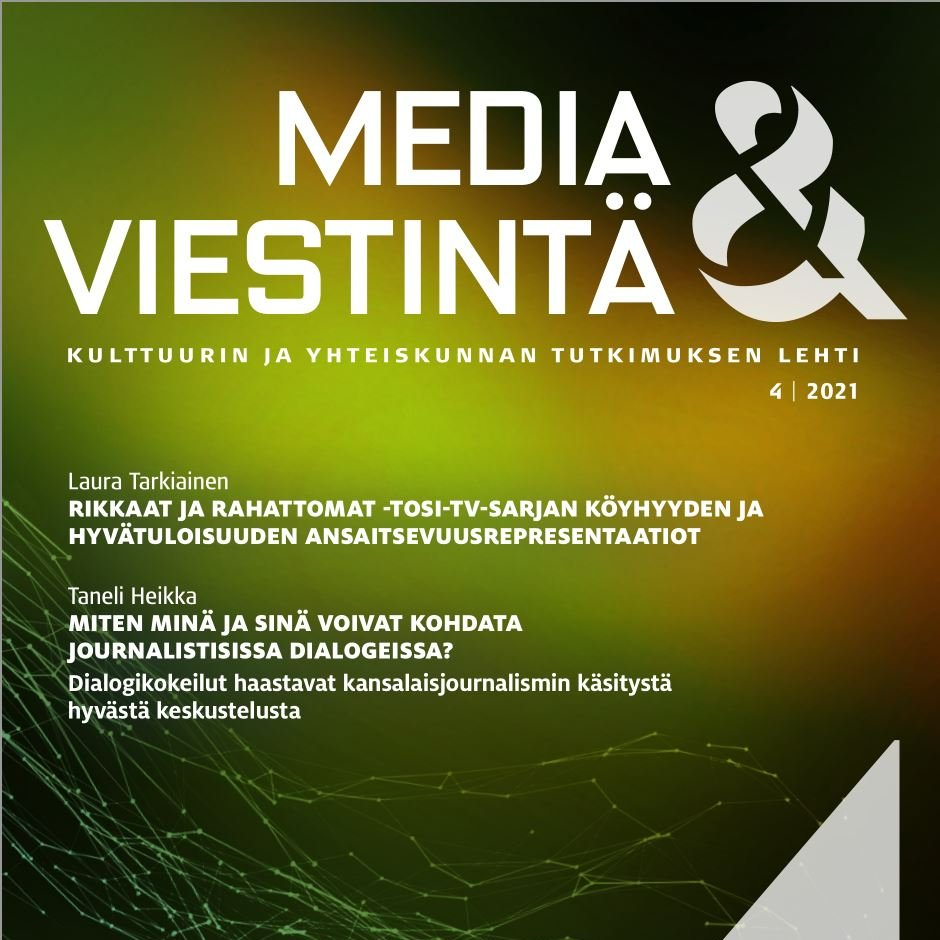 Media &amp; viestintä 4/2021 on ilmestynyt, jutut avoimesti luettavissa: journal.fi/mediaviestinta… Ensi vuonna lehteä luotsaavat uudet päätoimittajat ja toimitussihteeri. Toimitus hiljenee jouluviikolla, linjoilla taas loppiaisen jälkeen. Kiitokset kuluneesta vuodesta ja hyvää joulua!