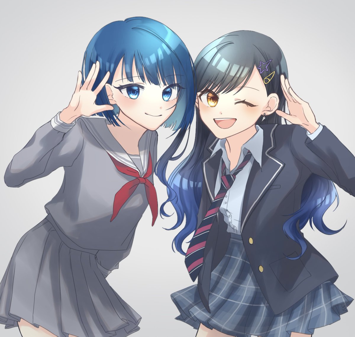 multiple girls 2girls blue hair school uniform skirt blue eyes hair behind ear  illustration images