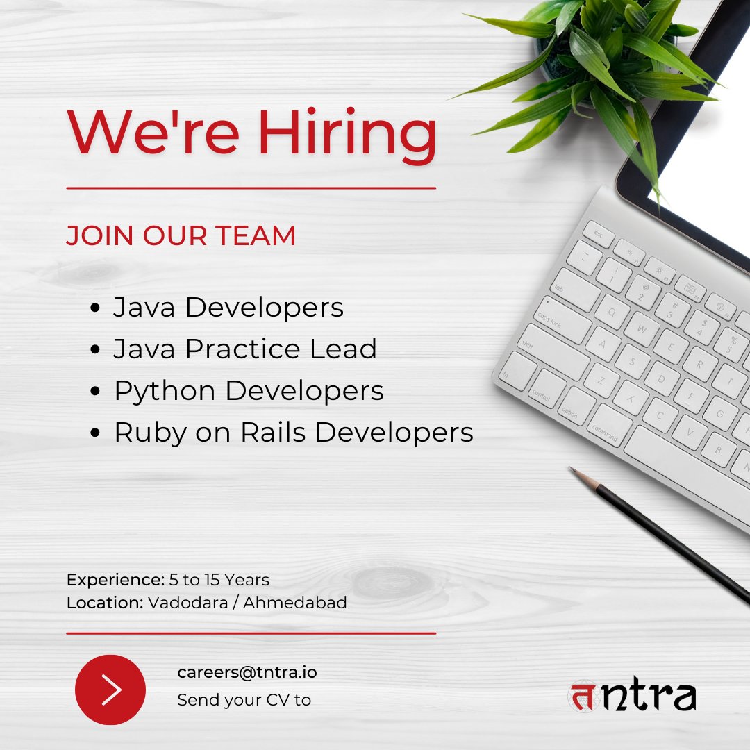 tntraio's tweet image. Do you think you have the coding skills to build great digital products? Then we are looking for you. Apply for a job today at Tntra. 

Drop your resume: careers@tntra.io

#hiringalert #hiringnow #vacancies #careers #recruitment #javadeveloperjobs #pythondevelopers