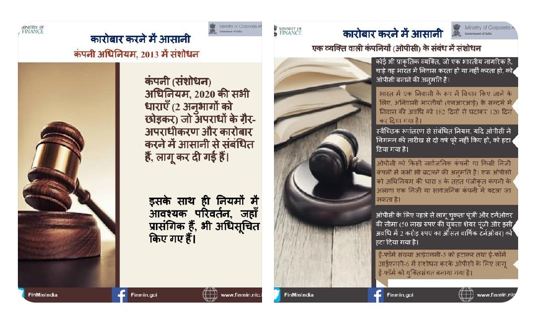 RanchiPIB's tweet photo. #YearEndReview2021
कॉरपोरेट कार्य मंत्रालय ने एक व्यक्ति वाली कंपनियों (ओपीसी) और छोटी कंपनियों की परिभाषा में विभिन्न संशोधनों के अलावा अपराधों के ग़ैर-अपराधीकरण से संबंधित 2 अनुभागों को छोड़कर सभी अनुभागों को लागू किया है।
#FinMin2021
#Economyrising
#ReformsforGrowth https://t.co/iC8v5SjQ5U