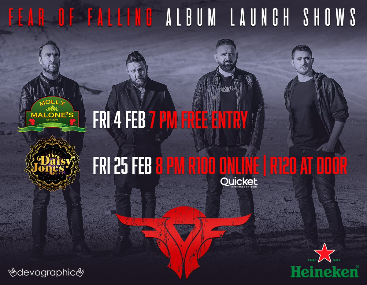 We look forward to rocking Gauteng for a FREE show at #MollyMalones on 4 Feb &amp; Cape Town on 25 Feb at <a href="/DaisyJonesBar/">Daisy Jones Bar</a> (tickets R100 <a href="/QuicketSA/">Quicket South Africa</a> qkt.io/bmA72r or R120 at door)

TURNING POINT available on all platforms > linktr.ee/fearoffalling

#FearOfFalling <a href="/Devographic/">Devographic Music Agency</a>