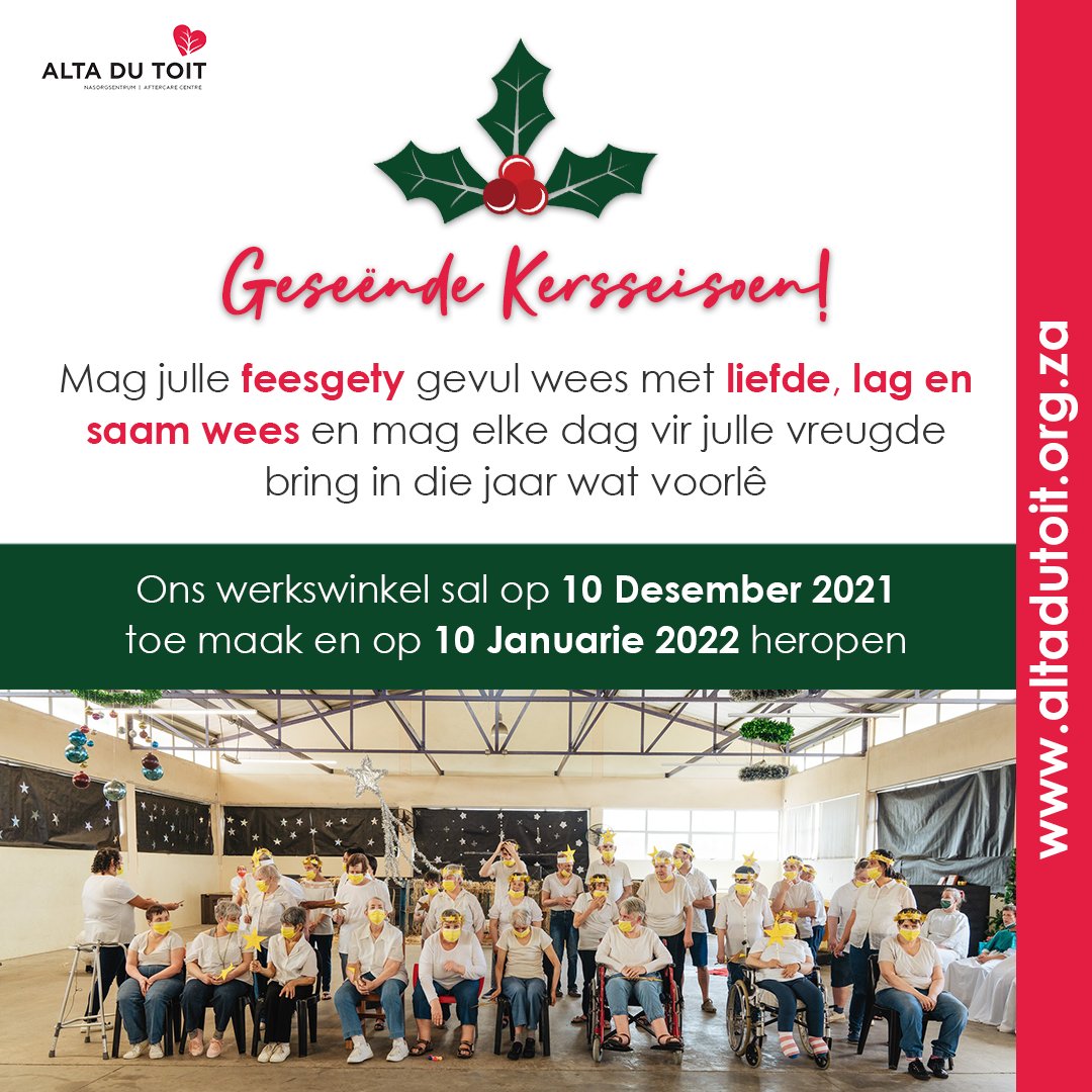 // Geseënde Kersseisoen! // 🎄

Ons werkswinkel het op 10 Desember 2021 toe gemaak en sal op 10 Januarie 2022 weer heropen.
Mag jou kersseisoen vol vreugde en liefde wees! ♥️

#altadutoit #altadutoitsentrum  #closingdates #disabilityrightsawareness