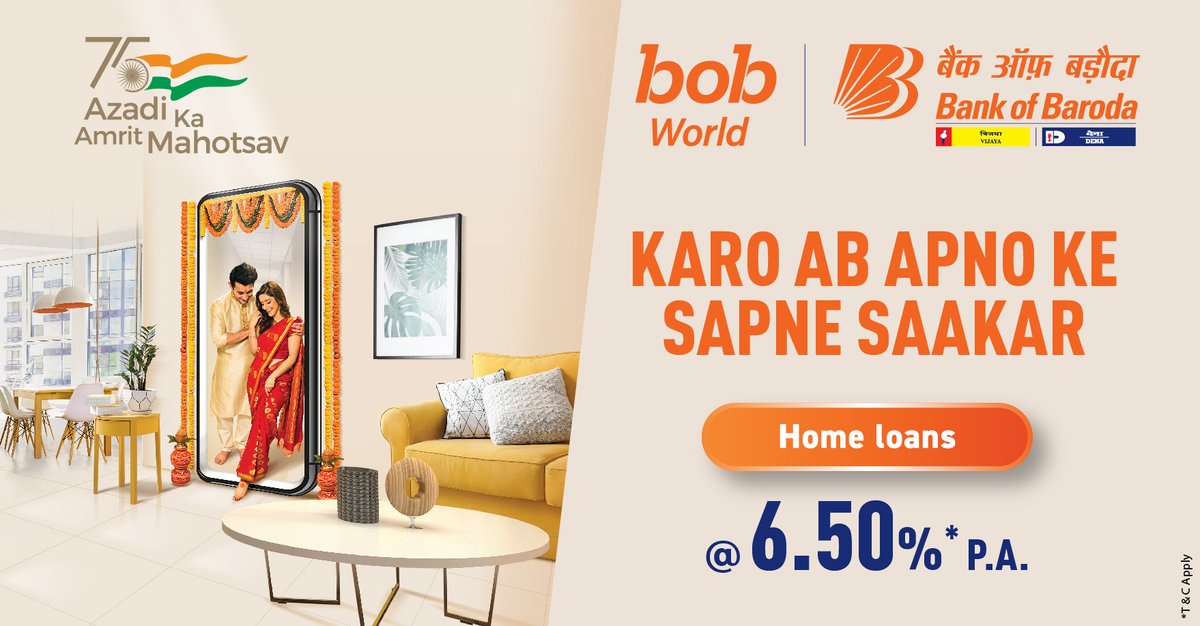 bankofbaroda's tweet photo. Ab apne saare sapne pure karo, dil khol ke. With #BankofBaroda Digital Home Loans for your dream home, everything is now available at your fingertips. Celebrate convenience like never before.
Know more https://t.co/0UrmqvK0j6

#bobWorld #AzadiKaAmritMahotsav #AmritMahotsav https://t.co/b822NeE6zy