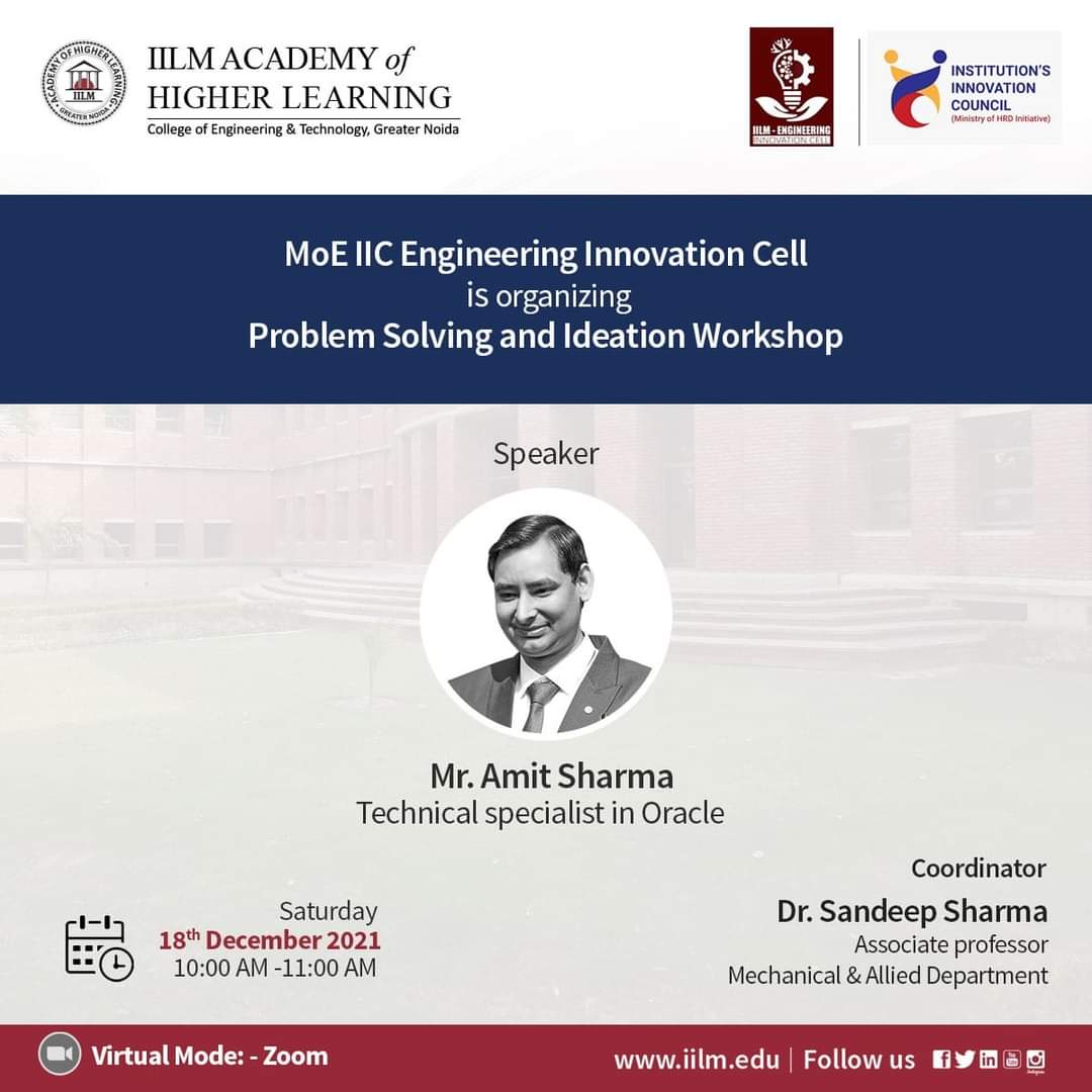 iilmMoE's tweet photo. MoE IIC Engineering Innovation Cell is organizing 'Problem Solving and Ideation Workshop' on 18th December, 2021 | Saturday, 10.00am onwards.
#iilm #myiilm
#iilmgreaternoida
#MoE #innovationcell https://t.co/9HBCj2EYln
