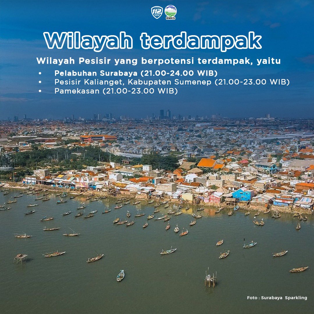 call112surabaya's tweet image. WASPADA BANJIR ROB

Badan Meteorologi Klimatologi dan Geofisika (BMKG) memperingatkan adanya fenomena pasang air laut maksimum yang dapat menyebabkan banjir rob, di kawasan pesisir pantai Jawa Timur

Selengkapnya, Yuk! Kita simak #creativemultiplepost berikut ini 🙌