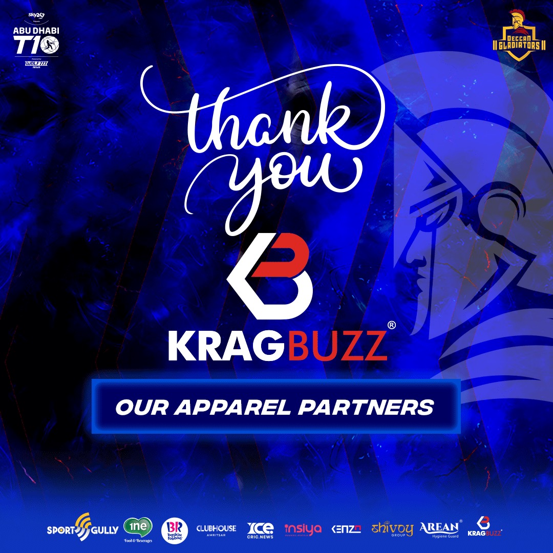TeamDGladiators's tweet photo. Thank you #KragBuzz for being our Apparel Partners for @T10League season 5! ๐ฅ๐
#DeccanGladiators #HumHainDakshin #WeAreGladiators https://t.co/qH8hlWXjhC