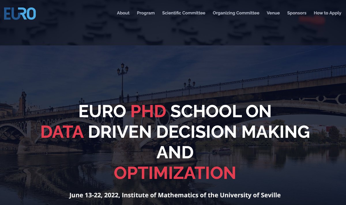 Dolores Romero Morales @doloresromerom.bsky.social (@doloresromerom) on Twitter photo 🚨EURO #PhDSchool on #DataDriven #DecisionMaking and #Optimization, June 13-22, 2022, IMUS-Instituto de Matemáticas de la Universidad de Sevilla, @imus_es
📢Registration Open
congreso.us.es/epsdata/
congreso.us.es/epsdata/docs/E…
@EUROonline_News <a href="/CBS_ECON/">CBS Department of Economics</a> <a href="/needs_project/">NeEDS Project</a> <a href="/MSCActions/">Marie Skłodowska-Curie Actions</a> 🚨EURO #PhDSchool on #DataDriven #DecisionMaking and #Optimization, June 13-22, 2022, IMUS-Instituto de Matemáticas de la Universidad de Sevilla, @imus_es
📢Registration Open
congreso.us.es/epsdata/
congreso.us.es/epsdata/docs/E…
@EUROonline_News <a href="/CBS_ECON/">CBS Department of Economics</a> <a href="/needs_project/">NeEDS Project</a> <a href="/MSCActions/">Marie Skłodowska-Curie Actions</a>