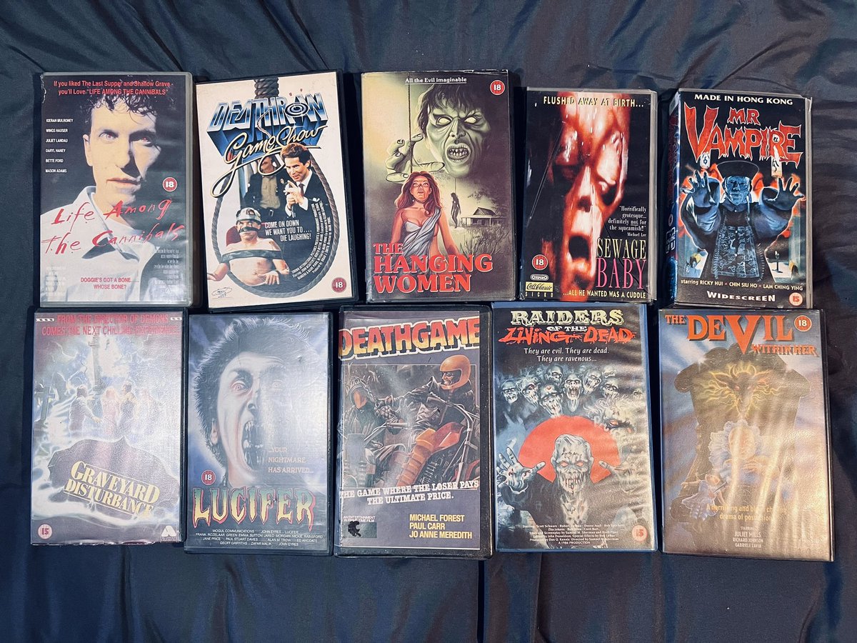 Jedshepherd's tweet image. Visiting my parents at Xmas means going through the 1k+ Horror VHS I store there. 

Here’s Life Among The Cannibals, Deathrow Gameshow, The Hanging Women, SEWAGE BABY, Mr Vampire, Graveyard Disturbance, Lucifer, Deathgame, Raiders of the Loving Dead &amp;amp; The Devil Within Her!