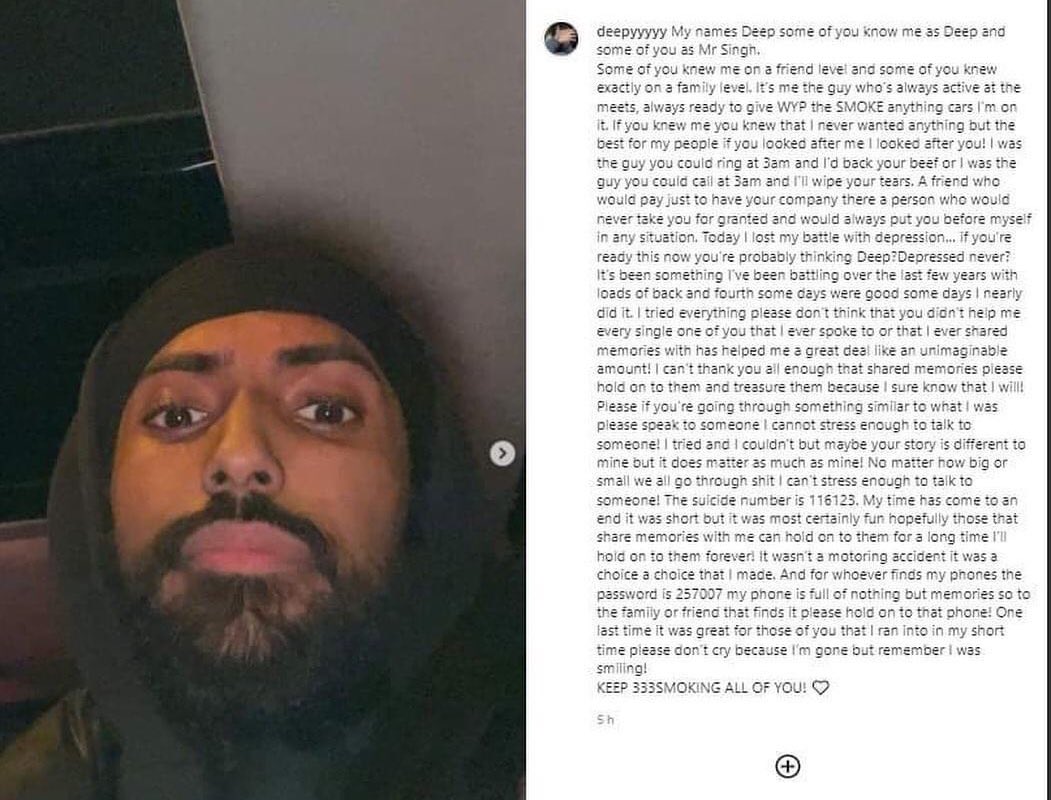 Deeply saddened by tragic news of a young Singh, Deep who struggled with mental health &amp; ultimately resulted with him ending his young life today. Thanks all those who were trying to find &amp; help him! My deepest condolences to his family, Vaheguru apne charana vich nivaas bakshe🙏🏽