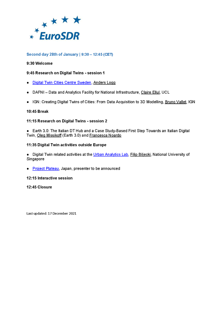 Mark your calendar 📅 EuroSDR workshop on #DigitalTwins for #NMCAs and other #governmental organisations on 21 &amp; 28 January 2022 (online). More info at eurosdr.net/workshops/digi…
