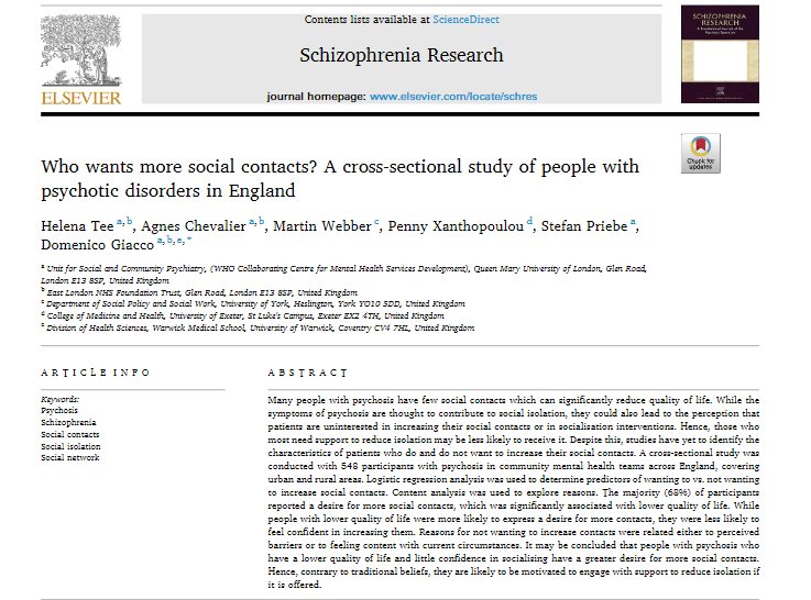 PUBLICATION: Big week for @study_scene who have published a second paper this week. Contrary to some traditionally held beliefs, there are many people with psychosis that express a desire to increase their social contacts doi.org/10.1016/j.schr…