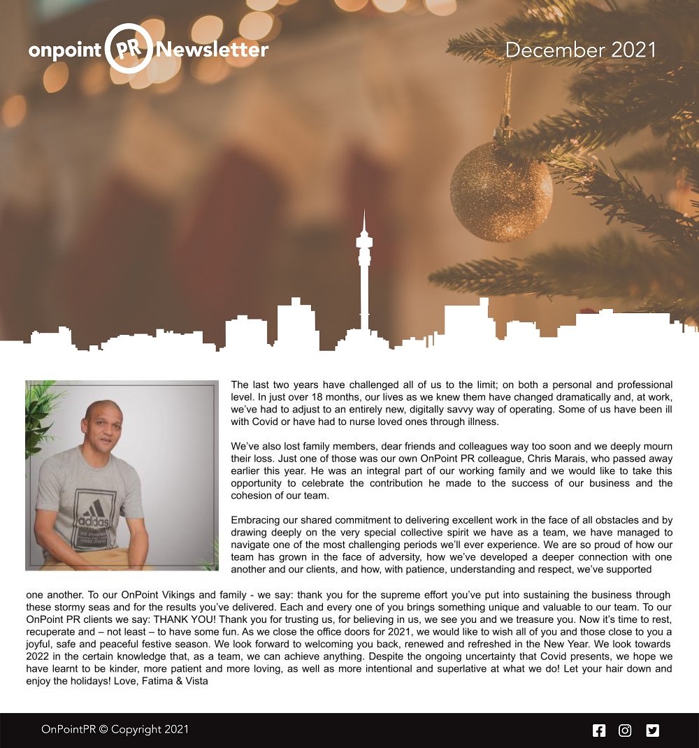OnPointPR (@onpointpr_sa) on Twitter photo Don’t miss the December Issue of our newsletter carrying news of what kept us busy this month and some of our highlights of 2021.
Email info@onpointpr.co.za for your subscription
#OPPRNewsletter #DecemberIssue #FestiveMonth
instagram.com/onpointpr_sa/p… Don’t miss the December Issue of our newsletter carrying news of what kept us busy this month and some of our highlights of 2021.
Email info@onpointpr.co.za for your subscription
#OPPRNewsletter #DecemberIssue #FestiveMonth
instagram.com/onpointpr_sa/p…