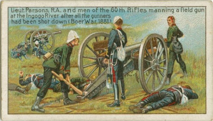 A cigarette card, showing 3/KRRC in action at the Ingogo River. Riflemen helped to man the guns after the gunners were killed - from the collections of the New York Public Library To learn more about the KRRC, visit the Royal Green Jackets Museum, Winchester. To discover the story of the current Regiment, come to The Rifles Museum, Winchester. 