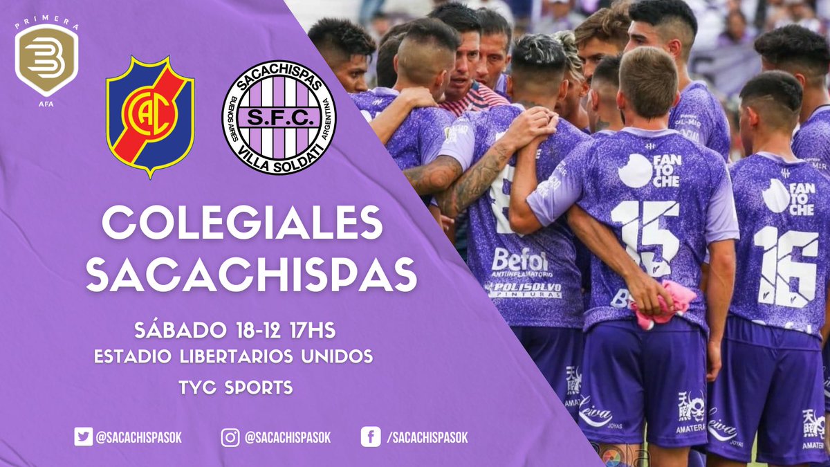 SacachispasOK's tweet photo. #FinalReducido
🆚 @Colegiales1908
📆 Sábado 18/12 - 17HS
🏟 Estadio Colegiales
📺 @TyCSports
💜#VamosLila https://t.co/faBQ5lnNjp