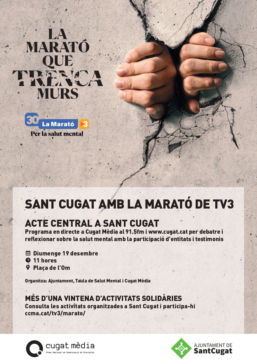 ajsantcugat's tweet image. 👉#SantCugat amb @la_marato #TrencaElMur de la salut mental

Programa de ràdio de @cugatmedia en directe

🗓️19 de desembre
⌚️11h
📍Plaça de l&apos;Om

Consulta les activitats i participa👇
ccma.cat/tv3/marato

@GemmaAristoy @Ofvoluntariatsc