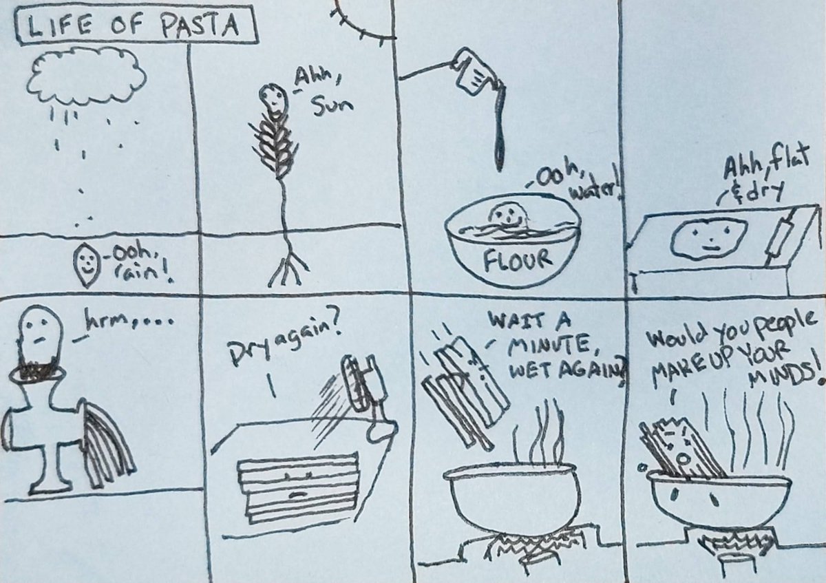 brianwashereart's tweet photo. ever wonder what it's like to be pasta?  it must be frustrating to get soaked and dried out so many times. #cartoon #comic #cute #family #fun #funny #lunchbox #pasta #spaghetti #boil #lifeofpasta https://t.co/VlaHJu2CT5