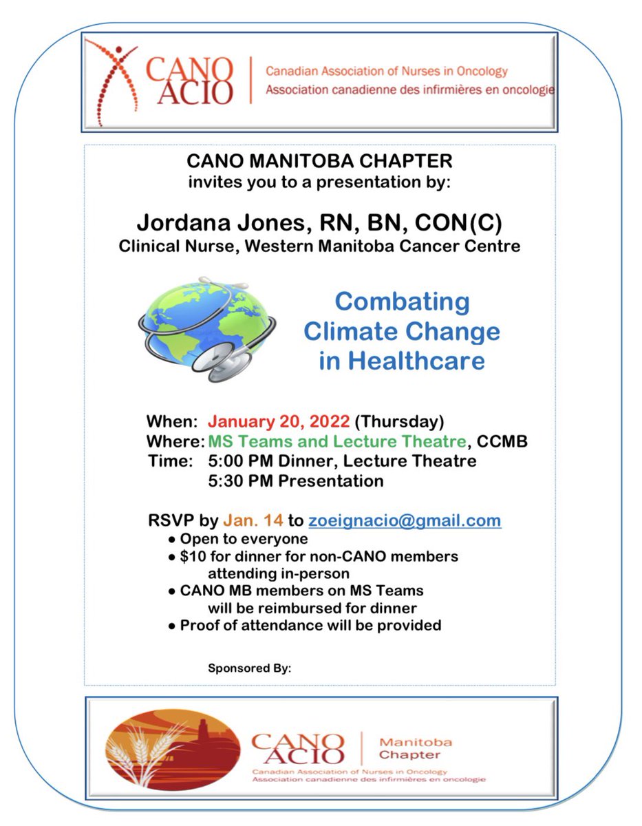 CANO_ACIO_MB's tweet photo. Join us in person or via Zoom, on Jan. 20th, for a very special presentation:

“Combating Climate Change in Healthcare” with Jordana Jones (@MBClimateRN)

#Oncology #OncologyNursing #healthcare #nursing @CANO_ACIO @CancerCareMB @SharedHealthMB https://t.co/MPPDqW2ky9